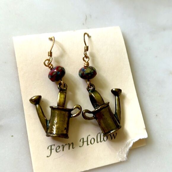 Fern Hollow antique gold beaded watering can dangle earrings NEW - Picture 3 of 4